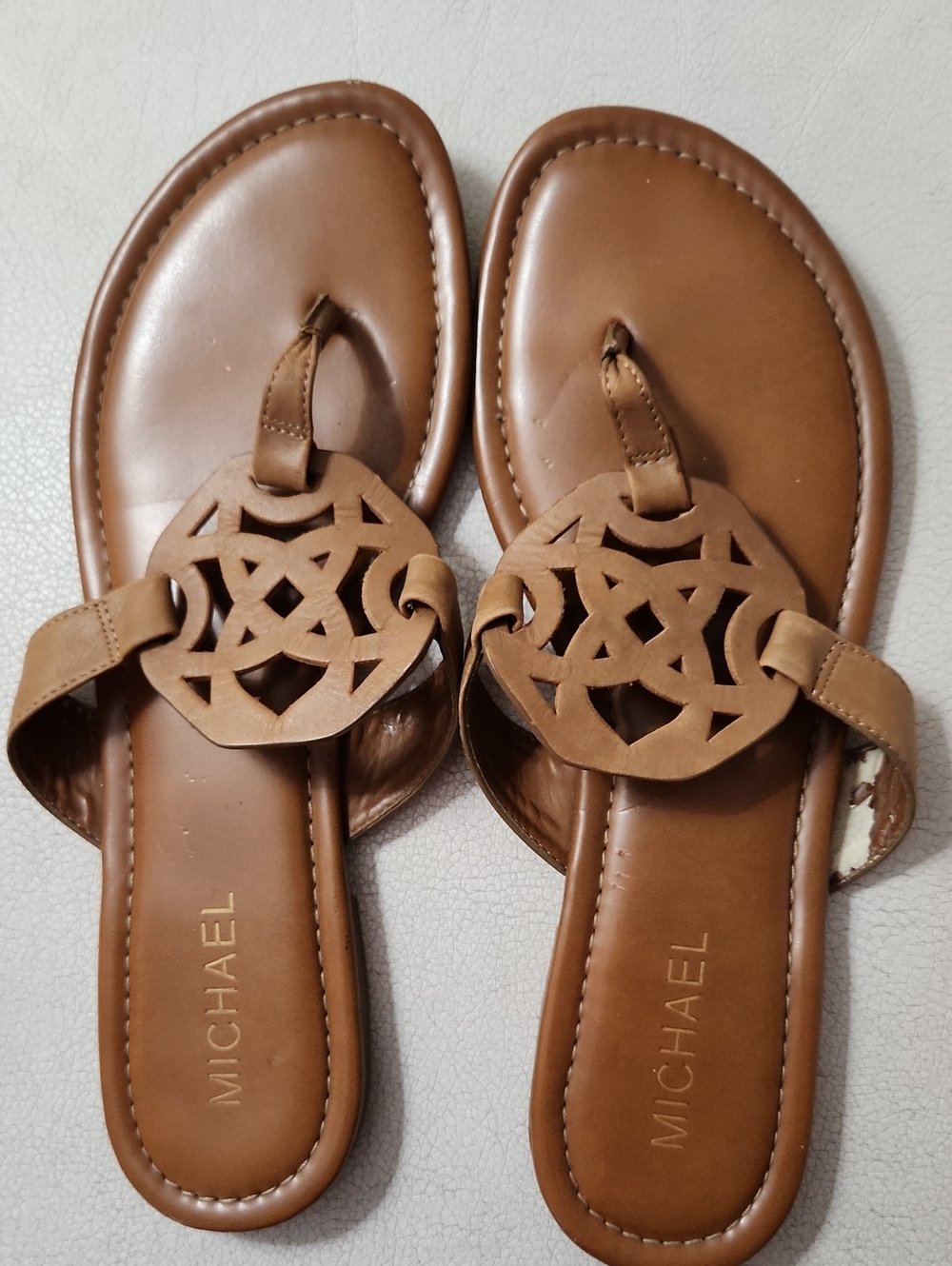 Michael Shannon Brown Leather Cutout Thong Sandals